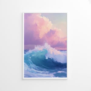 Stürmische Ozeanwellen Meerlandschaft Poster, Rosa Sonnenuntergang Wandkunst, Küstensommer Dekor, Bunter Strandhausdruck, Pastellmeerplakatdruck