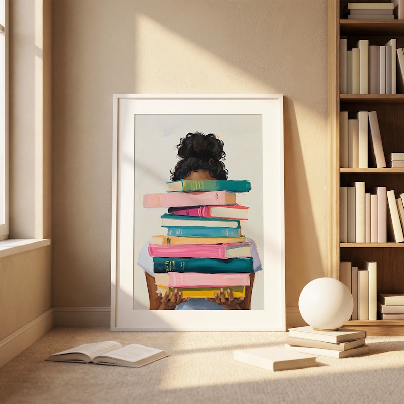 Black Girl With Stack of Books Poster, Book Lover Art Print, Reading ...