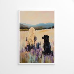 Pôster de menina loira e labrador preto, decoração para amantes de cães, arte de parede de prado, download digital de animais de estimação, pôster de flores silvestres, pôster de decoração natural