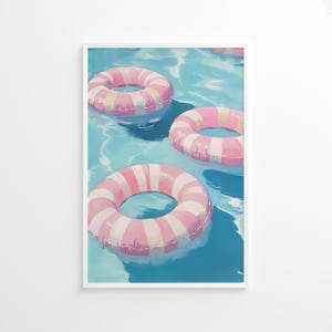 Pink and White Striped Pool Float Poster, Summer Inner Tube Art Print, Coastal Poolside Wall Decor, Pastel Beach House Printable