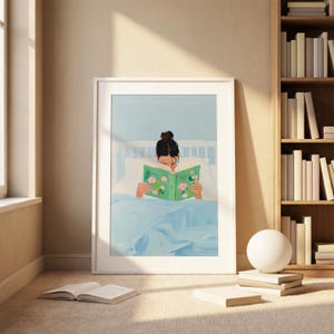Girl Reading in Bed Poster, Book Lover Art, Reading Nook Decor, Tween Room Poster, Brunette Girl Art, Cozy Bedroom Print, Library Wall Art image 3