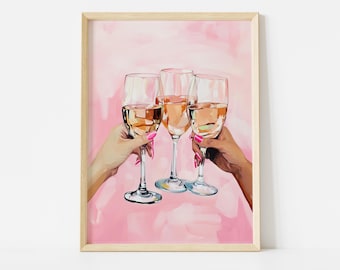 Girls Cheers Wine Poster, Pink Rosé Party Wall Art, Fun Friendship Celebration Print, Modern Feminine Drink Decor