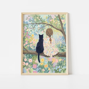Lámina de niña y gato negro, póster de amigos del jardín, arte mural infantil en tonos pastel.