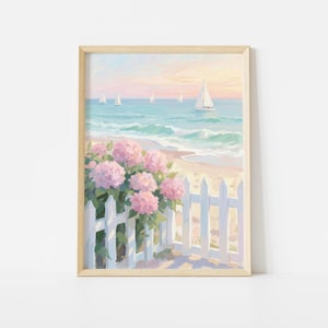 Lámina artística de hortensias costeras y valla de madera, pintura impresionista de playa y velero.