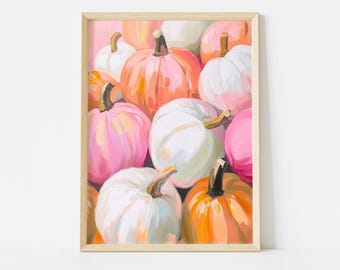 Pink and Orange Pumpkins Poster, Autumn Pastel Wall Art, Colorful Fall Decor, Girl’s Room Halloween Printable Art,  Pastel Halloween Poster