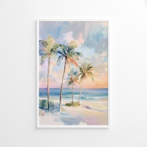 Palme Sonnenuntergang Poster, Tropische Küsten Sommer Wandkunst, Bunte Strandhaus Dekoration, Girly Rosa Pastell Ozean Szene