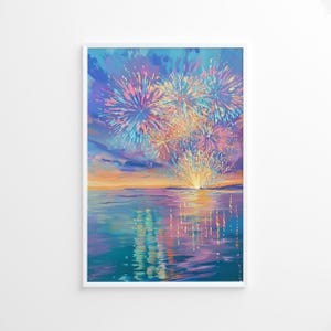 Buntes Feuerwerk über dem Meer Poster, Pastell Feier Wandkunst, Buntes Feuerwerk über dem Meer, Festliche Meeresszene