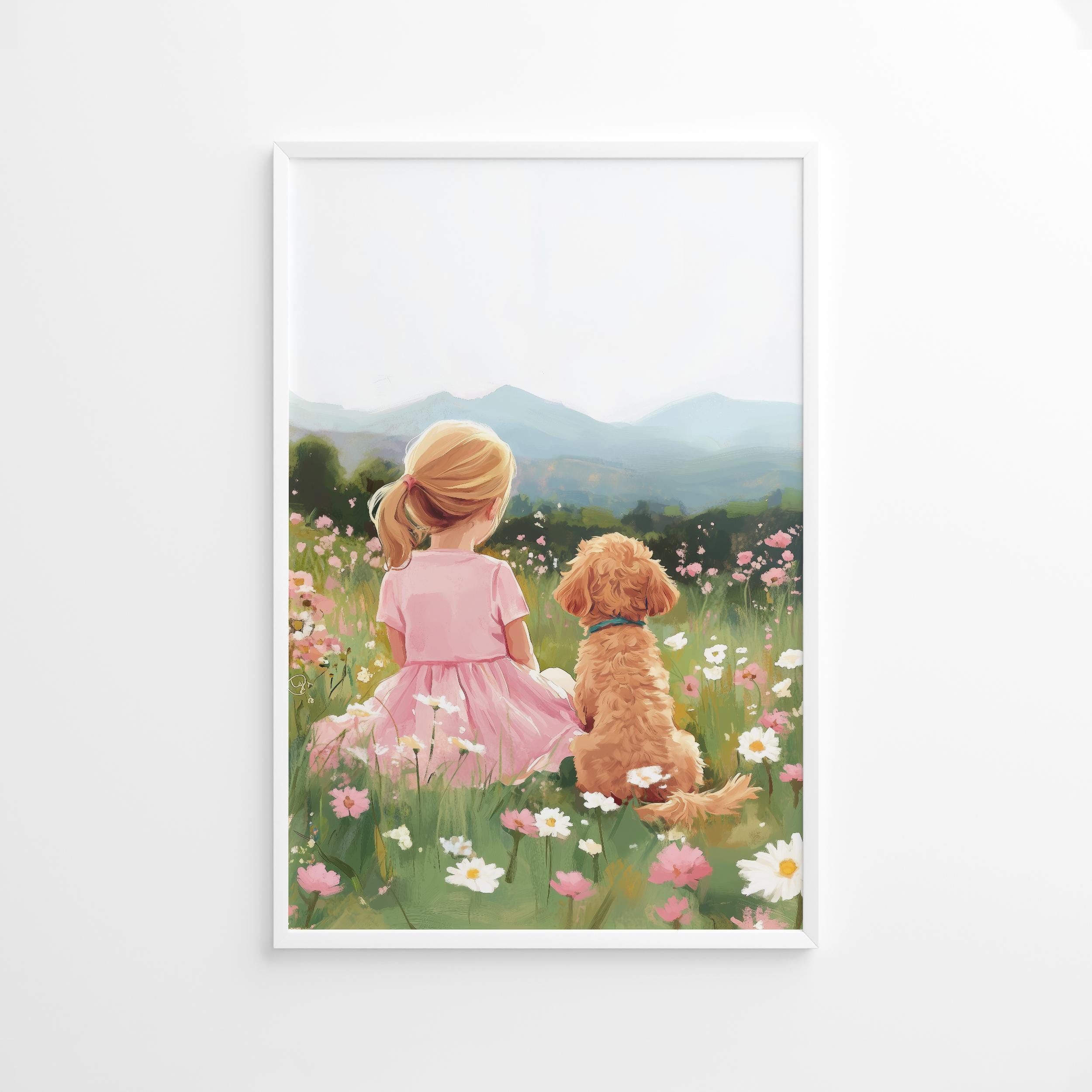 Blonde Girl Poster, Goldendoodle Art, Dog Lover Decor, Wildflower Meadow Print, Pet Digital Download, Pastel Pet Poster, Nature Decor Poster