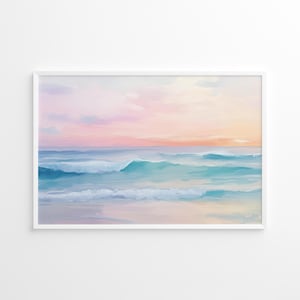 Küsten Sonnenuntergang Wellen Poster, Pastell Meer Landschaft Kunstwerk, Gelassener Strand Wand Dekor, Ruhige Sommer Küstenlandschaft Szene Print