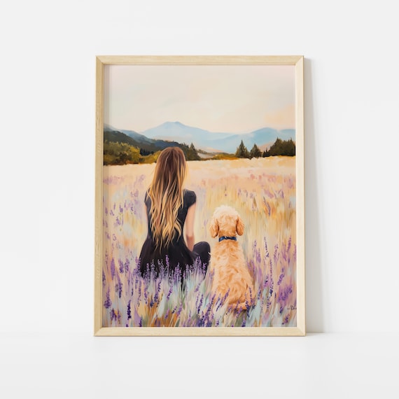 Girl and Goldendoodle Poster, Dog Lover Decor, Meadow Wall Art, Pet Digital Download, Wildflower Poster, Nature Decor Poster