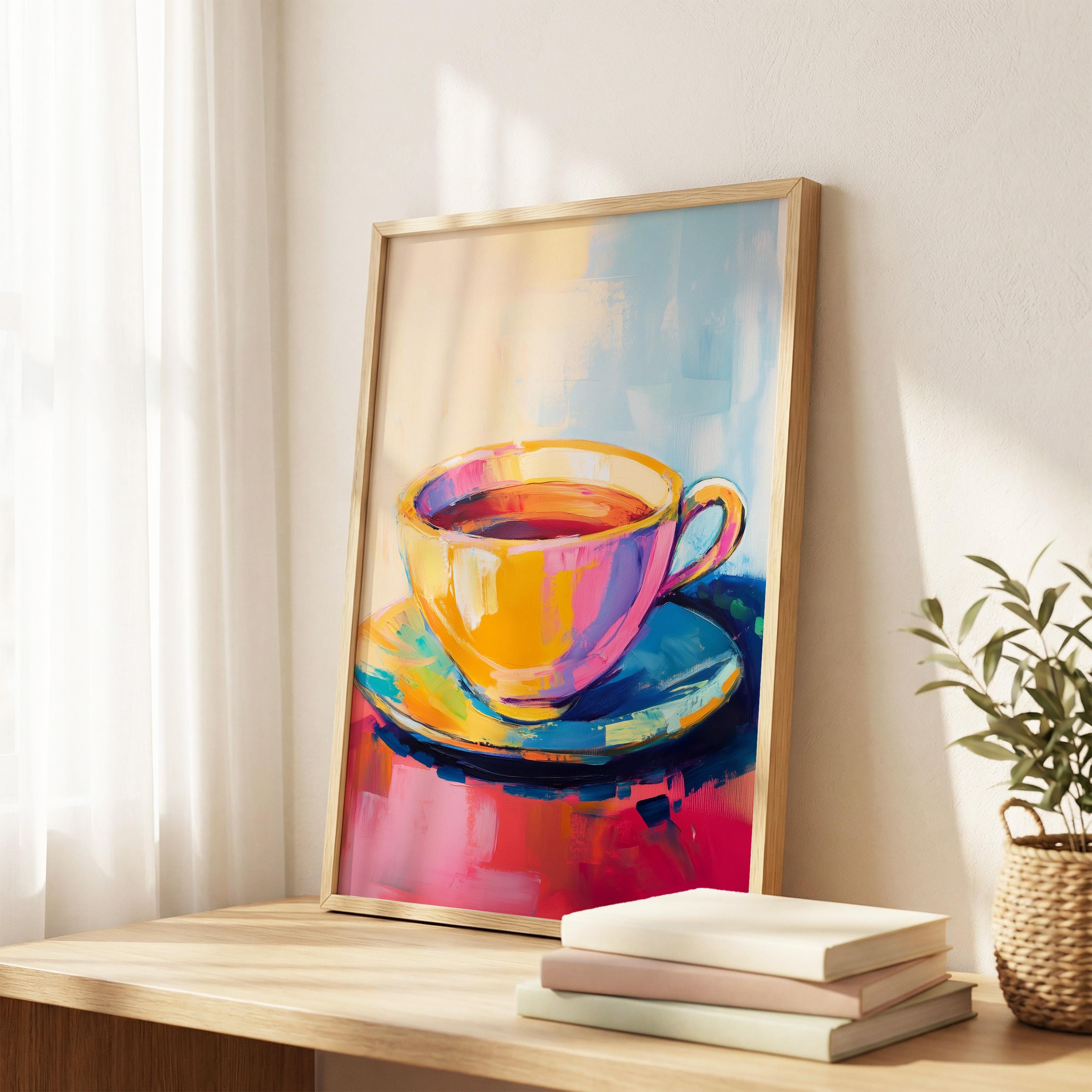 Colorful Coffee Cup Poster, Abstract Tea Mug Wall Art, Pastel Kitchen ...