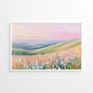 Bunte Herbst Wiese Poster, Herbst Blumenfeld Landschaft, Wand Kunst, Pastell Natur Landschaft Druck, Floral Hill, Skurril Girly Dekor