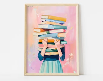 Póster de amante de los libros, arte mural de chica con libros, decoración de lectura en tonos pastel, impresión estética de biblioteca, arte para habitación de libros