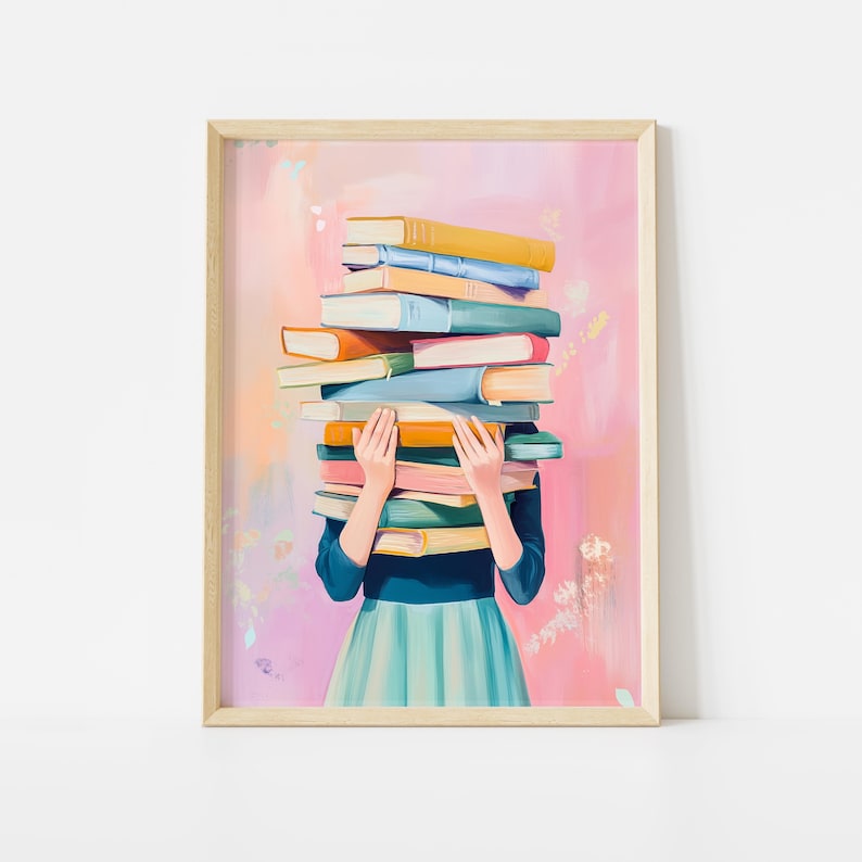Book Lover Poster, Girl Holding Books Wall Art, Pastel Reading Decor, Library Aesthetic Print, Bookish Room Art image 1