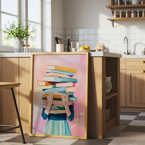 Book Lover Poster, Girl Holding Books Wall Art, Pastel Reading Decor, Library Aesthetic Print, Bookish Room Art image 4