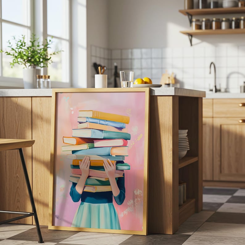 Book Lover Poster, Girl Holding Books Wall Art, Pastel Reading Decor, Library Aesthetic Print, Bookish Room Art image 4