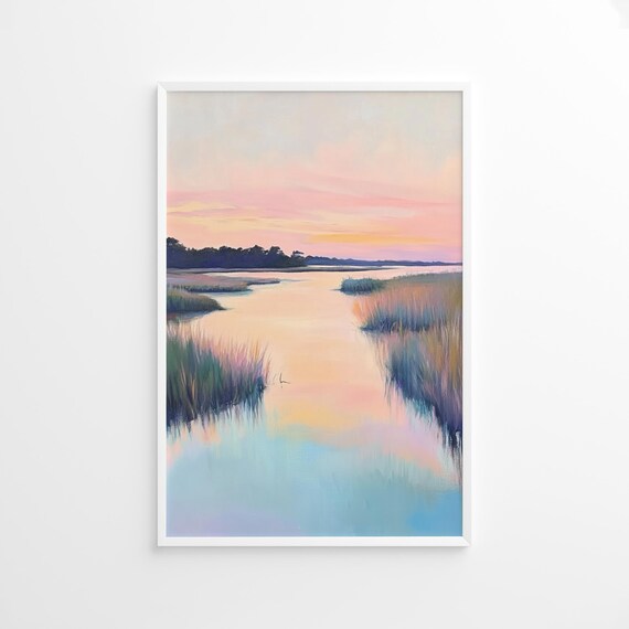 Pink Marsh Sunset Poster, Coastal Landscape Wall Art, Pastel Carolina Wetlands Print, Beach House Decor, Colorful Marshland Digital Download