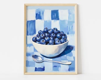 Blueberry Bowl Poster, Pastel Kitchen Wall Art, Modern Fruit Illustration Print, Blue Food Artwork for Dining Decor