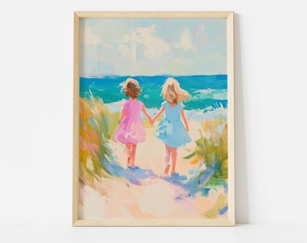 Sisters on Beach Poster: Pastel Coastal Wall Art for Kids’ Room or Nursery Decor
