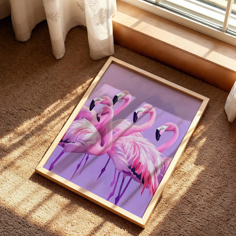 Pink Flamingo Poster, Purple Summer Coastal Wall Art, Tropical Beach House Animal Print, Girly Pastel, Purple Flamingo Art image 5