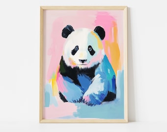 Colorful Panda Poster, Pastel Animal Wall Art, Cute Bear Illustration Print, Whimsical Wildlife Decor