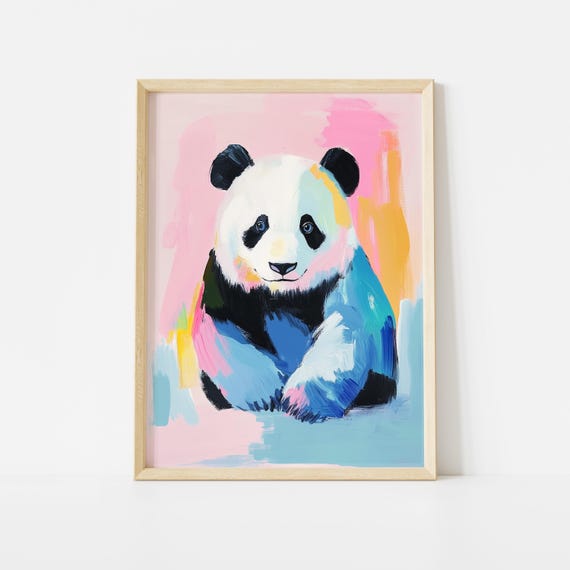 Colorful Panda Poster, Pastel Animal Wall Art, Cute Bear Illustration Print, Whimsical Wildlife Decor
