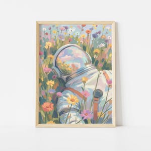 Astronaut in Wildflower Meadow Art Print, kleurrijke ruimte bloemen muurdecoratie