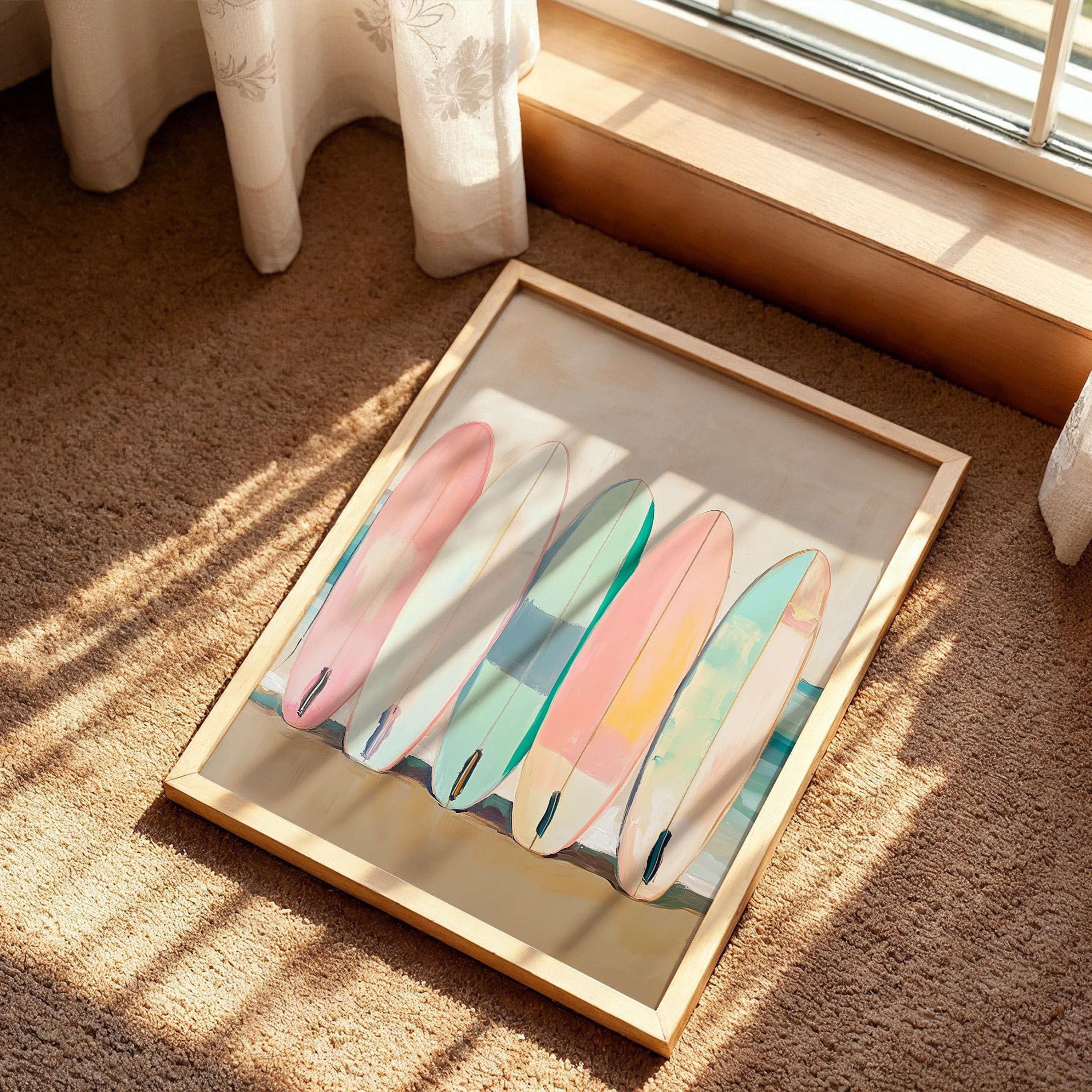 Pastel Surfboard Poster, Beach Coastal Wall Art, Colorful Ocean