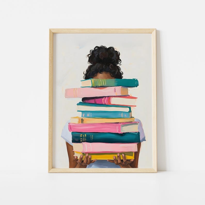 Black Girl With Stack of Books Poster, Book Lover Art Print, Reading ...