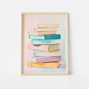 Pastel Book Stack Poster, Minimalist Reading Art Print, Soft Color Book Wall Decor, Book Lover Gift Illustration