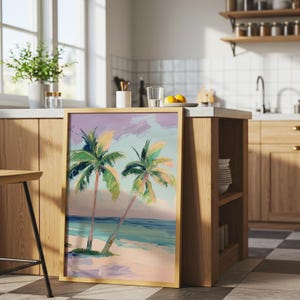 Palme Poster, rosa Sonnenuntergang Kunst, Strandhaus Wanddekoration, Küsten Tropischer Druck, Bunte Sommer Dekoration, Bunte Küste Bild 4