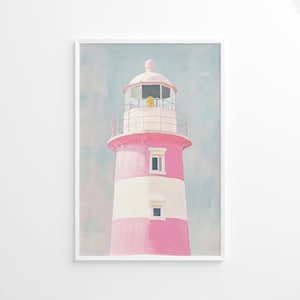 Affiche phare rayé rose, art mural estival côtier, décoration de maison de plage pastel, impression nautique ciel bleu, impression affiche côtière du Maine