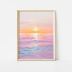 Poster con tramonto sull'oceano color pastello, stampa artistica da parete con paesaggio marino sereno, dipinto con orizzonte di spiaggia tranquillo, decorazione costiera con tramonto delicato