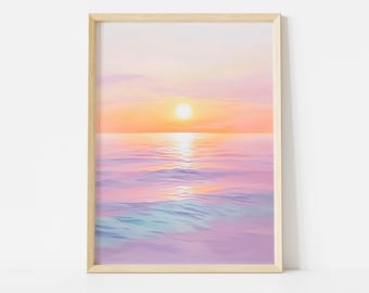 Pastell Ozean Sonnenuntergang Poster, Serene Meer Landschaft Wand Kunst Druck, Ruhige Strand Horizont Gemälde, Sanfter Sonnenuntergang Küstendekor