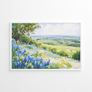 Texas Bluebonnet Poster, Lebendige Hügelland Landschaft Wandkunst, Serene Naturszene Dekor, Wildblumen Wiese Kunstwerk, Malerischer Sommer Druck