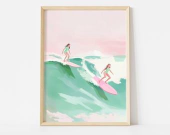 Tween Surfer Girl Poster, Coastal Teen Wall Art Print, Pink Summer Beach House Decor, Colorful Pastel Kid’s Room Art, Surfing Poster