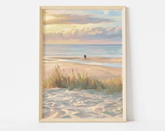 May include: A framed beach scene print. The artwork depicts a serene beach landscape with a couple standing in the distance. The sky is filled with pastel colors, and the foreground shows sand and beach grass.