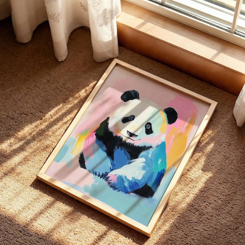 Póster de panda colorido, arte mural de animales en tonos pastel, impresión de ilustración de oso tierno, decoración caprichosa de vida silvestre imagen 5