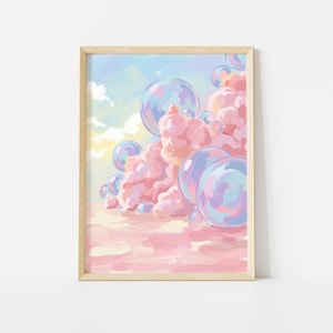 May include: A framed art print featuring a whimsical, dreamy landscape. Pastel pink clouds and large, iridescent bubbles float against a light blue sky with hints of yellow. The artwork is enclosed in a natural wood frame.