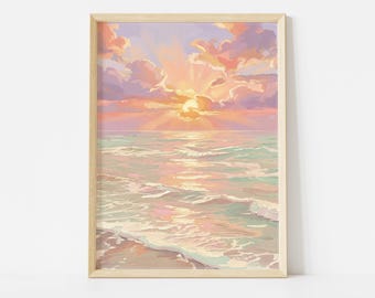 Puede incluir: Una impresión artística enmarcada que representa una puesta de sol sobre el océano. La obra presenta un cielo vibrante con tonos de naranja, rosa y morado, y el océano está pintado en suaves azules y verdes. La impresión está en un marco de madera de color claro.