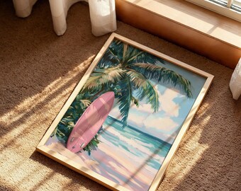 Tropical Surfboard Poster: Pink Pastel Beach Wall Art With Palm