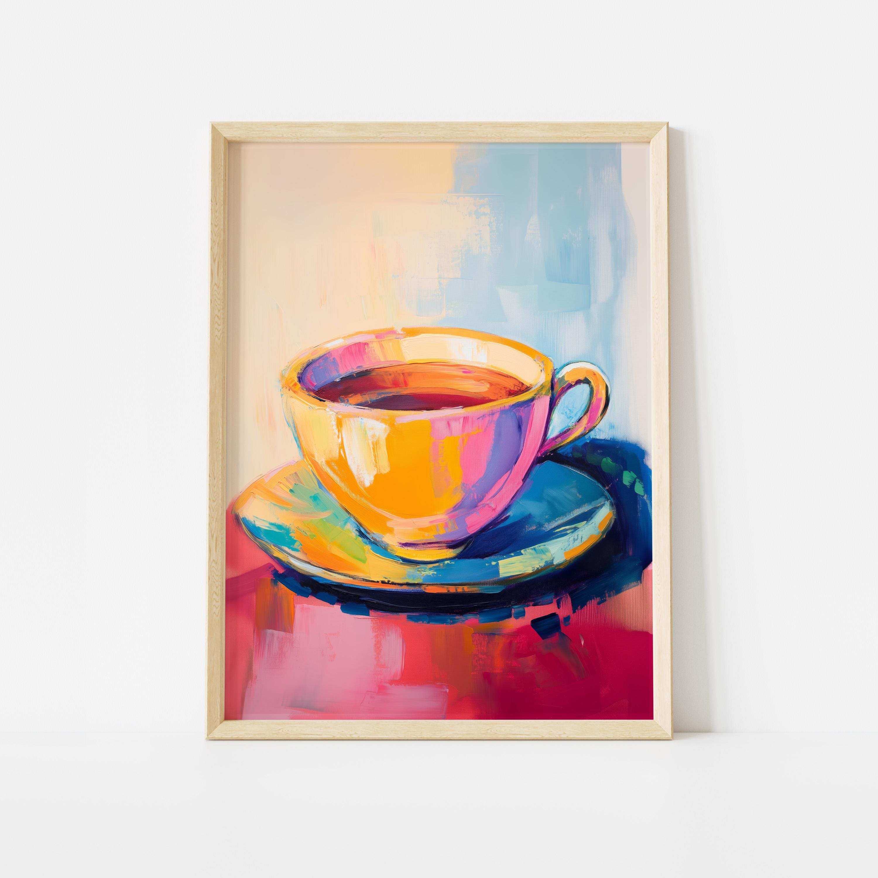 Colorful Coffee Cup Poster, Abstract Tea Mug Wall Art, Pastel Kitchen ...