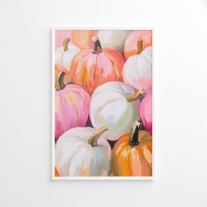 Pôster de abóboras rosa e laranja, arte de parede pastel de outono, decoração colorida de outono, arte para impressão de Halloween para quarto de menina, pôster pastel de Halloween