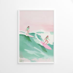 Poster fille interpolation surfeuse, impression d'art mural ado côtier, décoration de maison de plage d'été rose, art pastel coloré pour chambre d'enfant, affiche de surf