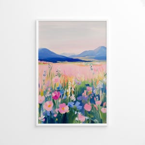 Affiche de montagne abstraite colorée, art mural rose fleurs sauvages, décor de paysage printanier vibrant, impression d'art nature impressionniste