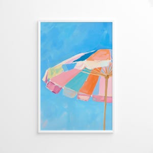 Poster parapluie de plage arc-en-ciel pastel, art mural girly côtier, décoration estivale colorée, art imprimable rétro rivage, affiche côtière colorée