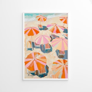 Gestreifter Sonnenschirm Luftposter, bunte Küstenwandkunst, Pastellsommerdekor, italienische Riviera Druck, Strandhaus-Plakat-Druck