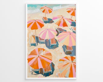 Striped Beach Umbrella Aerial Poster, Colorful Coastal Wall Art, Pastel Summer Decor, Italian Riviera Print, Beach House Poster Print