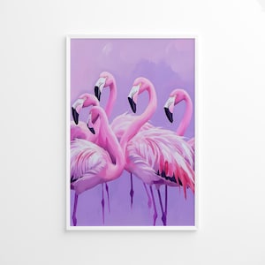 Pink Flamingo Poster, Purple Summer Coastal Wall Art, Tropical Beach House Animal Print, Girly Pastel, Purple Flamingo Art