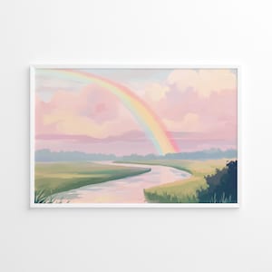 Poster del fiume arcobaleno, arte murale con paesaggio pastello sereno, opera d'arte della natura vibrante, decorazione del cielo colorato panoramico, decorazione della natura della stanza dei bambini